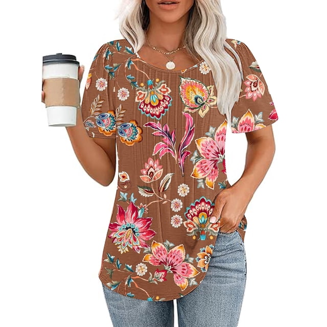 Fiudx Ofertas Flash Del Día Solo En Línea Top Estampado con Cuello Redondo y Manga Corta Informal para Mujer a La Moda