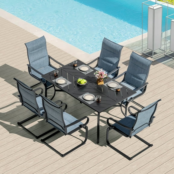 Nuu Garden Outdoor 7-Piece Patio Dining Set, 6 Padded Textilene C-Spring Patio Chairs and 61'' x 37'' Rectangle Splicing Table with 1.8'' Umbrella Hole, Blue and Black