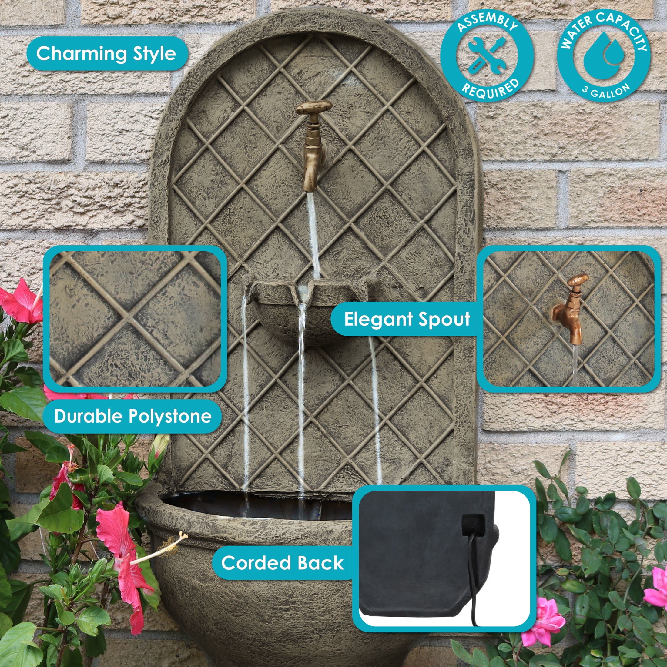 Sunnydaze Messina Polystone Outdoor Wall Fountain, French Limestone Finish