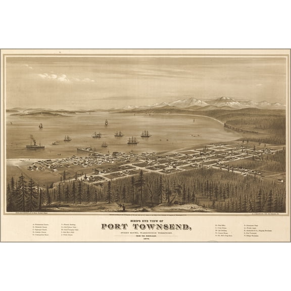 24"x36" Gallery Poster, Birdseye map Port Townsend Washington State 1878