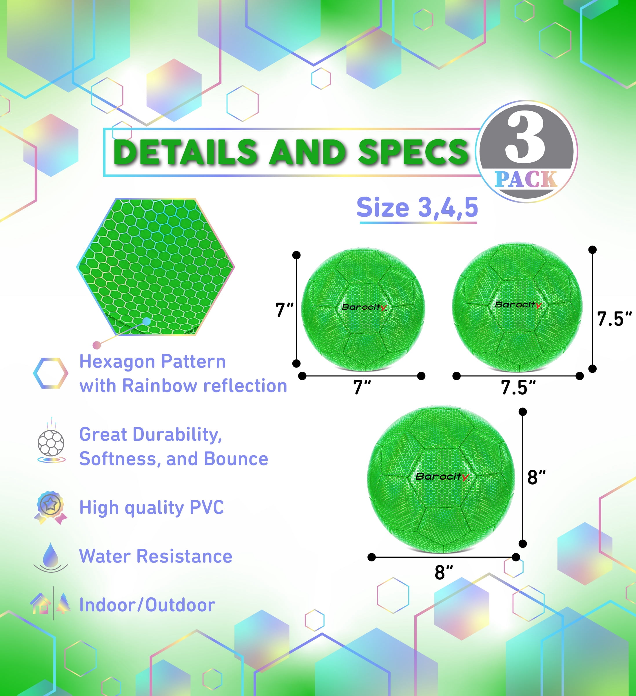 Barocity Iridescent Soccer Balls Set of 3 - Mixed Sizes Green Official Match Balls with Reflective Hex Pattern, Sport Soccer Balls for Indoor and Outdoor Training and Practice Games- Sizes 3, 4, and 5