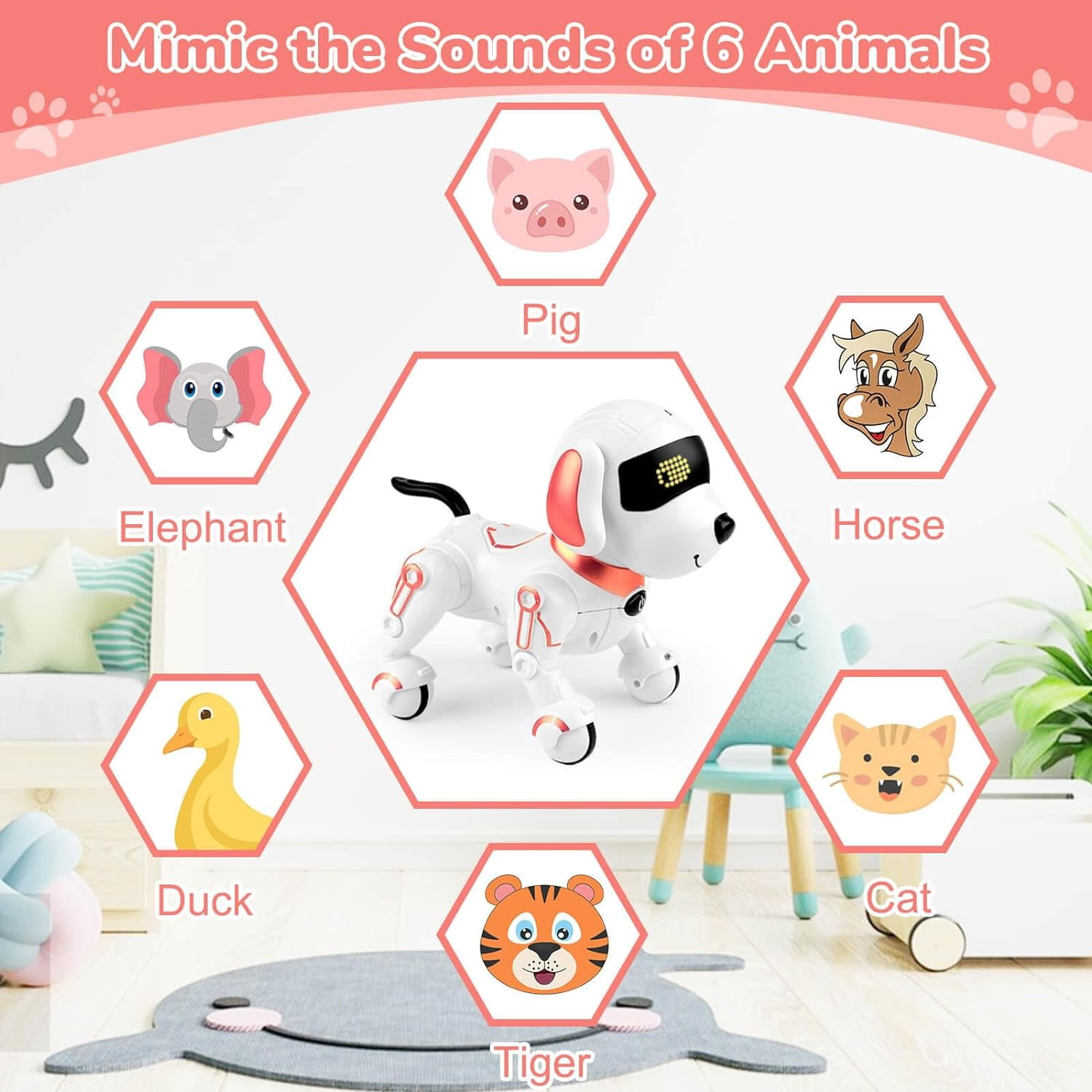 BEEPRINCESS Robot Dog, Smart Programmable RC Electronic Pet Puppy with Early Education Function, White/Pink