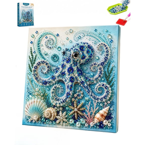 Ocean Theme Pearl Art DIY Kit, Bead Dot Art Kits for Adults Beginners with Octopus Design, Gemstone Diamond Dots Painting Craft, Coastal Beach House Home Wall Decor Gift (A1)