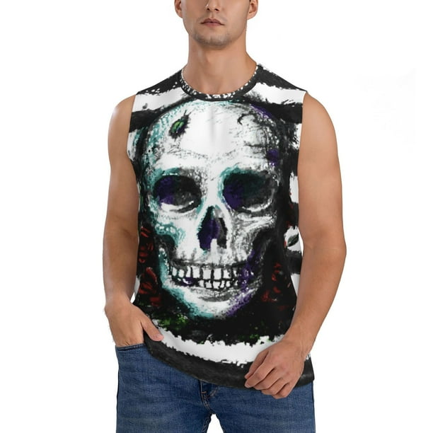 Balery Watercolor Skull Camisetas sin mangas para hombre, absorbe la humedad y protege contra el mal olor.-X-Large