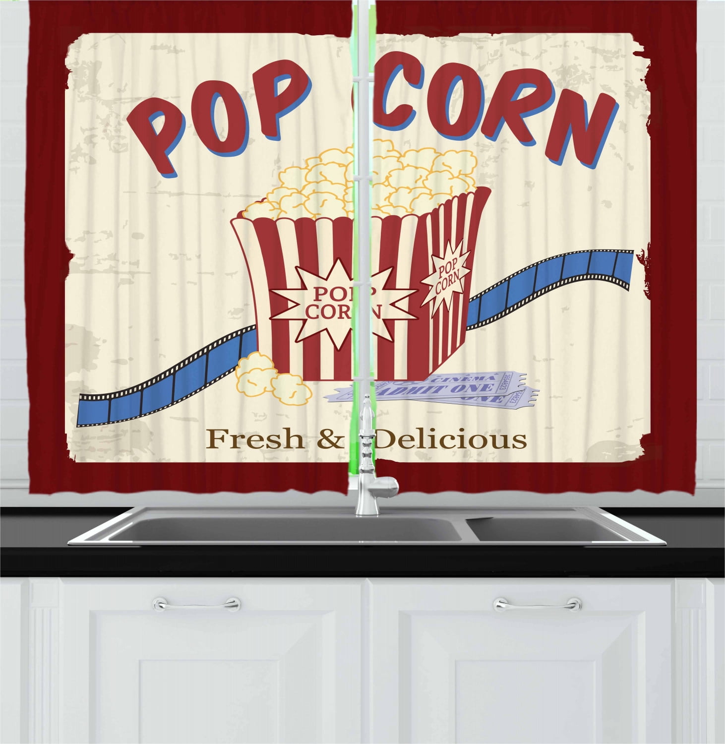 Movie Theater Curtains 2 Panels Set, Fresh and Delicious Pop Corn Film Tickets and Strip Advertising in 60s Theme, Window Drapes for Living Room Bedroom, 55W X 39L Inches, Multicolor, by Ambesonne