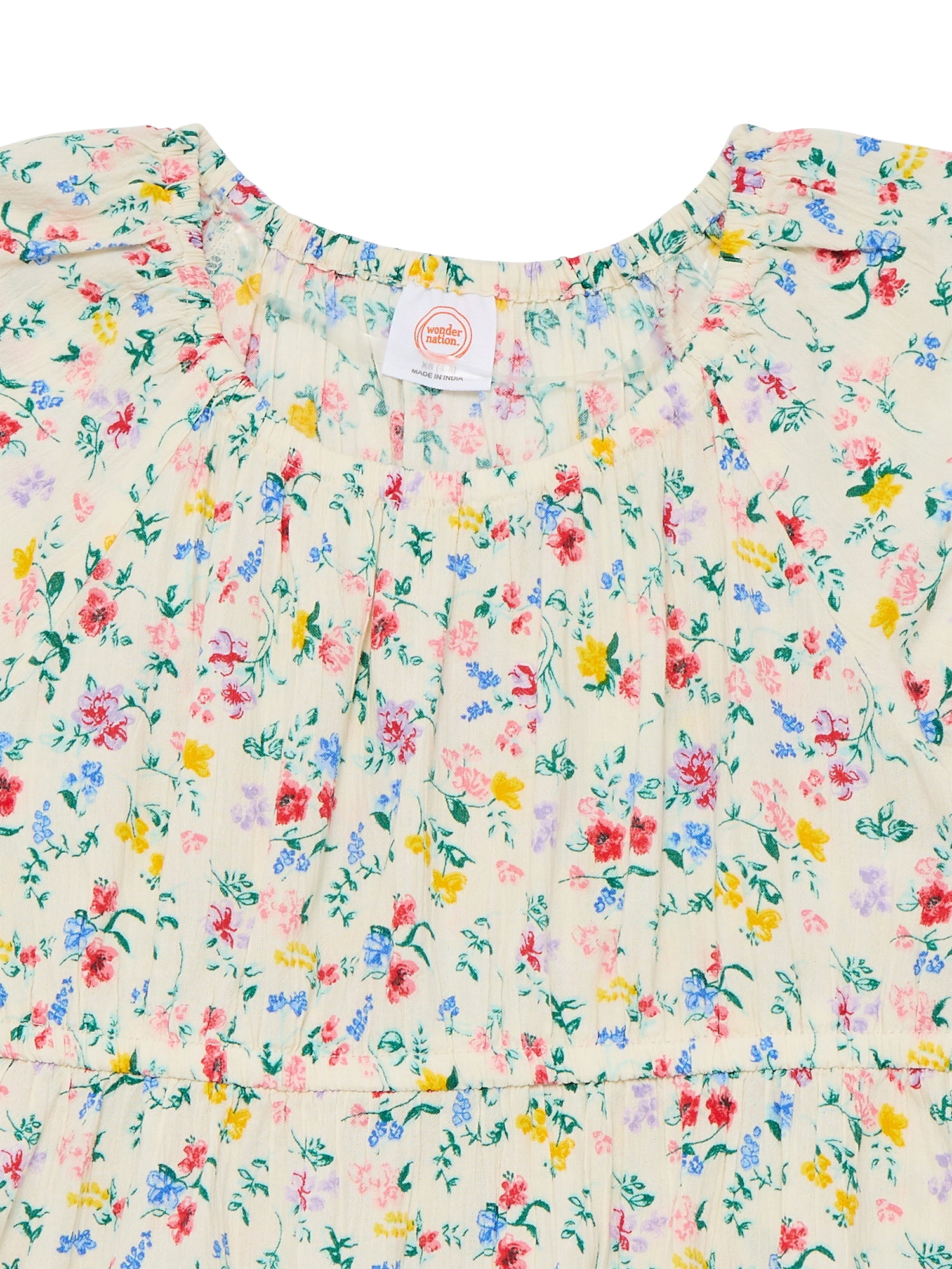 Wonder Nation Girls Print Smock Dress with Puff Sleeves, Sizes 4-18 & Plus