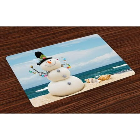 Snowman Placemats Set of 4 Winter Vacation Holiday Theme Snowman with Seashells Sitting on Sandy Beach Coastal, Washable Fabric Place Mats for Dining Room Kitchen Table Decor,Multicolor, by (Best Place To Sit For Ka)