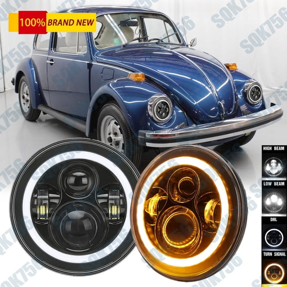 Round 7 inch LED Headlights white Halo DRL Hi/Lo Beam For VW Beetle 1967-1979 2p