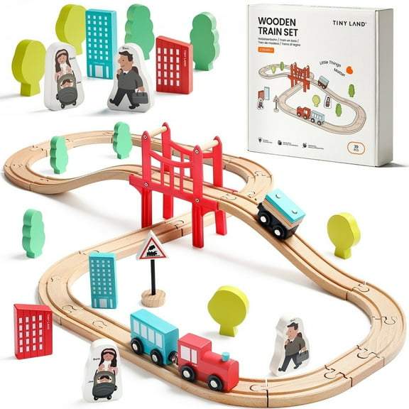 Tiny Land Wooden Train Set - 39 Pcs with Wooden Tracks, Expandable & Changeable - for Toddlers Ages 3 , Boys & Girls, Wood Material