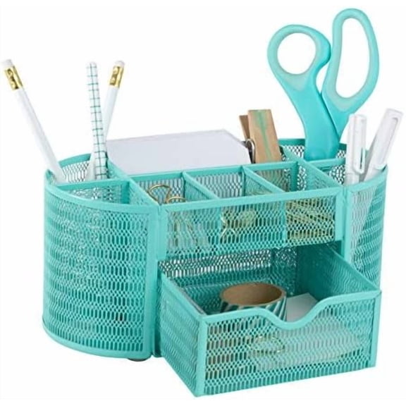 Aqua Desk Organizer | Metal Stationery Holder With Drawer and Eight Compartments | Desktop Storage for Home Office or Study Space | 4.3”D x 9.3”W x 4”H Workspace Organizer
