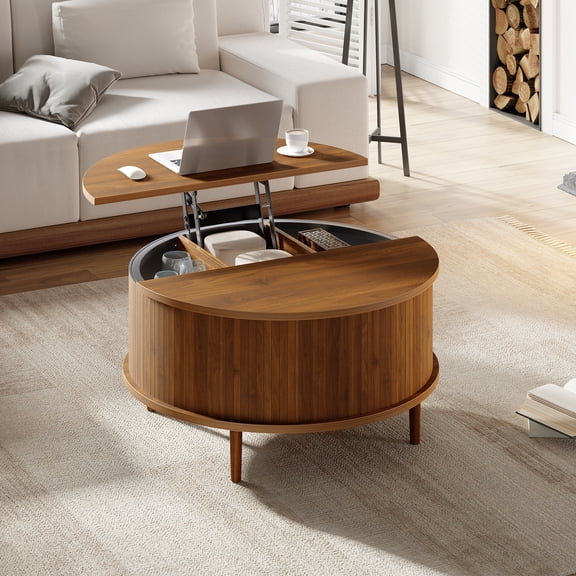 Lift Top Round Coffee Table with Hidden Storage, Fluted Drum Design, Modern Farmhouse Living Room Center Table, Easy Assembly