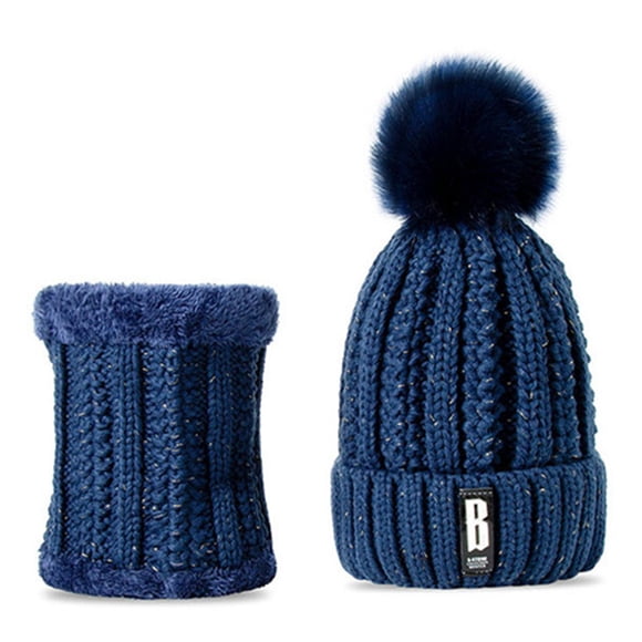 Opolski Women Winter Outdoor Warm Knitted Hat Pompom Beanie Plush Cap Neckerchief Set
