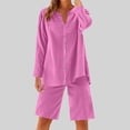 thumbnail image 2 of cfhntfmh Women 2 Piece Linen Sets Lounge Sets Long Sleeve Button down Matching Outfits with Knee Length Shorts, 2 of 7