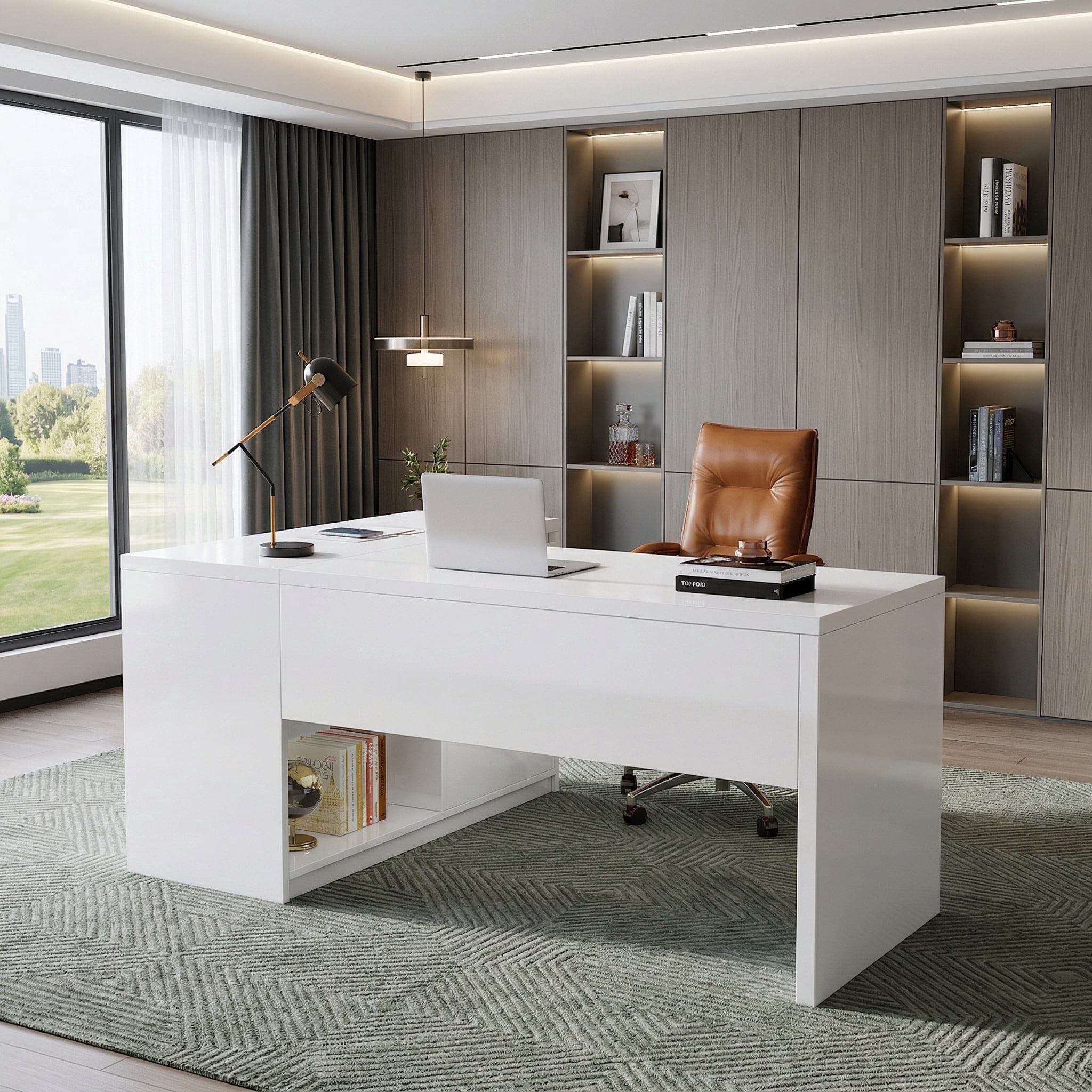 Fnova 55" L-Shaped Large Executive Desk with LED Lights & 3 Drawers, Modern Gloss Home Office Computer Desk 2 Storage Shelves, White