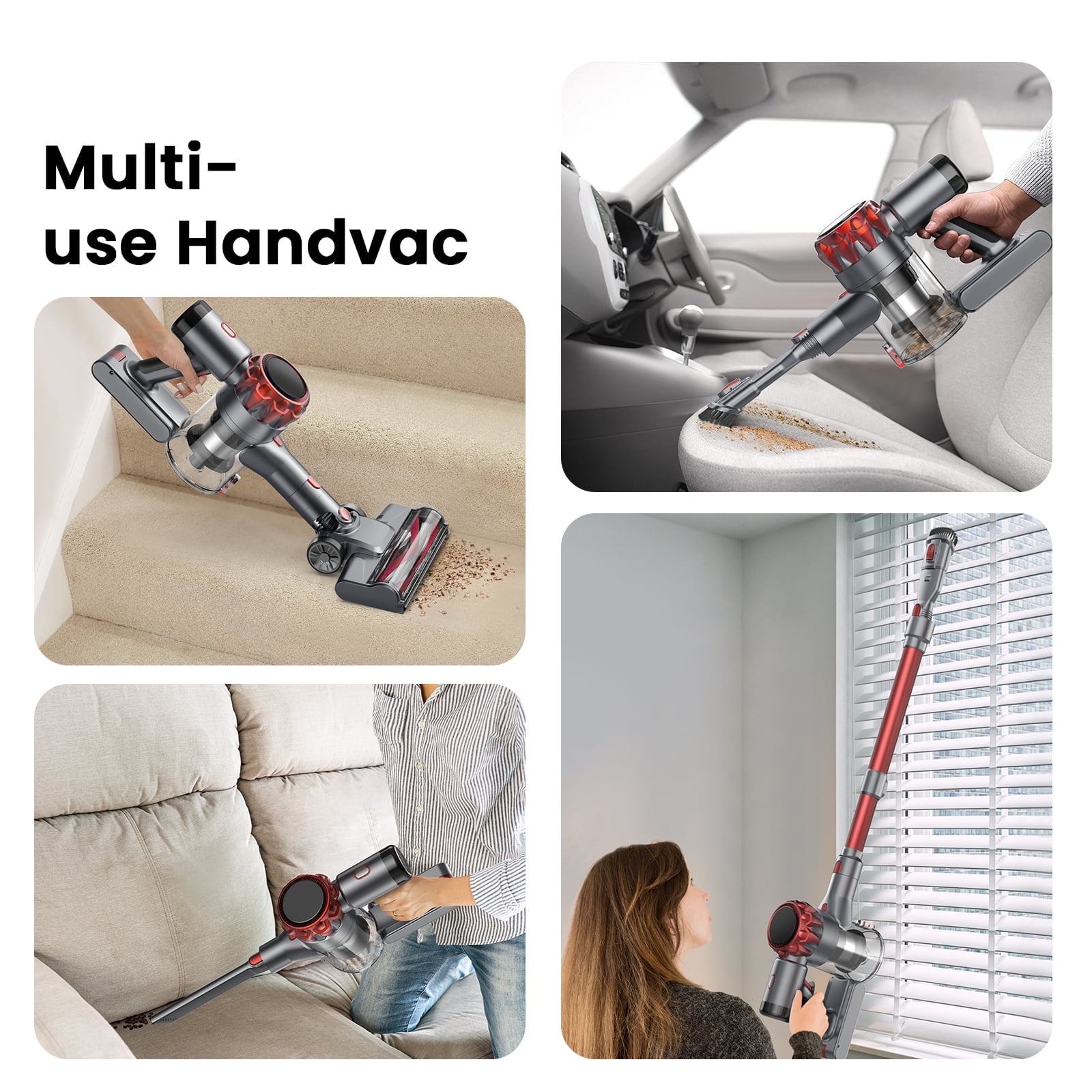 Cordless Vacuum Cleaner, 350W 35Kpa Powerful Stick Vacuum, with LED Display Free-Standing Vacuum Cleaners for Home Pet Hair Carpet Hard Floor S3 (Red)