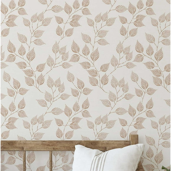S4sassy Self Adhesive Wallpaper, Beige Leafy Vine Print Mural Wall Paper, Textured Peel and Stick Contact Paper for Walls, Entryway accent Wall, Office Decor, Solution (25"x360" inch)