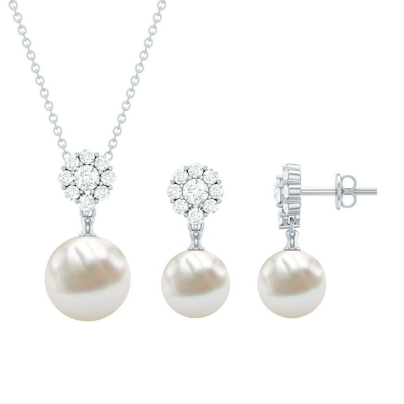 Rosec Jewels Cultured Freshwater Pearl Drop Jewelry Set with Moissanite Flower - AAA Quality Pearl Pendant Earrings Set - Ready to Gift, 925 Sterling Silver
