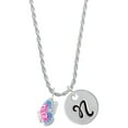 thumbnail image 1 of Delight Jewelry Silvertone Translucent Hot Pink & Blue Flying Butterfly Silvertone Script Initial Disc - N - Charm Necklace, 20"+3", 1 of 4