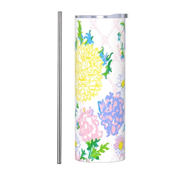 20oz Watercolor Floral Lattice Insulated Tumbler with Handle and Straw Spring Garden Travel Coffee Cup Gift with Stainless Steel Straw
