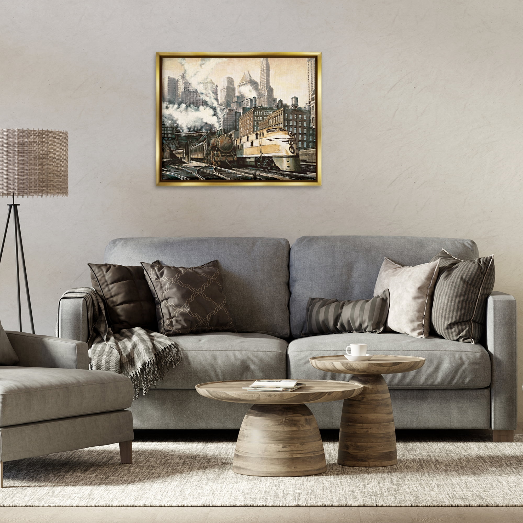 Stupell Industries Urban Steam Train Scenery Painting Gold Floater Framed Art Print Wall Art, 31 x 25