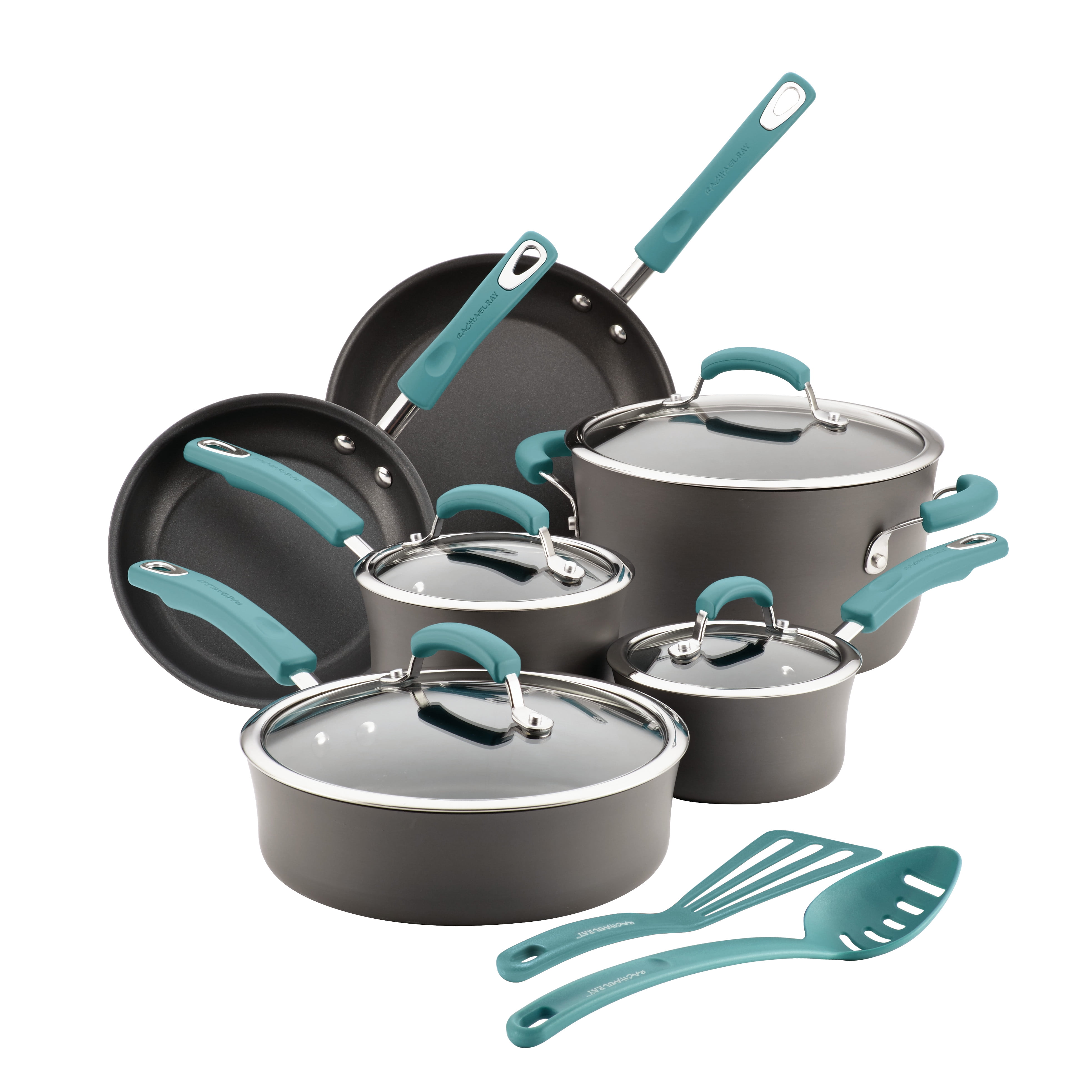 Rachael Ray Hard-anodized Nonstick 12-Piece Cookware Set, Gray with Agave  Blue Handles