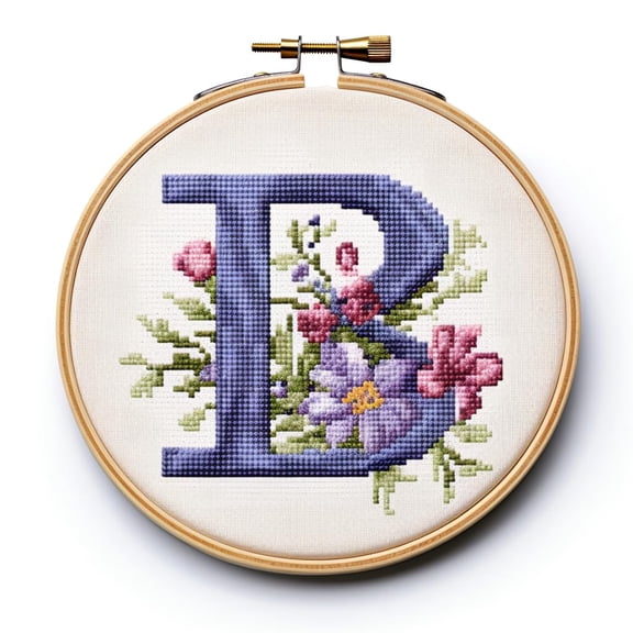 Letter D in Flowers Stamped Cross Stitch Kits for Beginners Easy with Hoop 11CT Needlepoint Embroidery DIY Counted Cross Stitch Kits Art Craft Wall Decor 35x35cm(1)