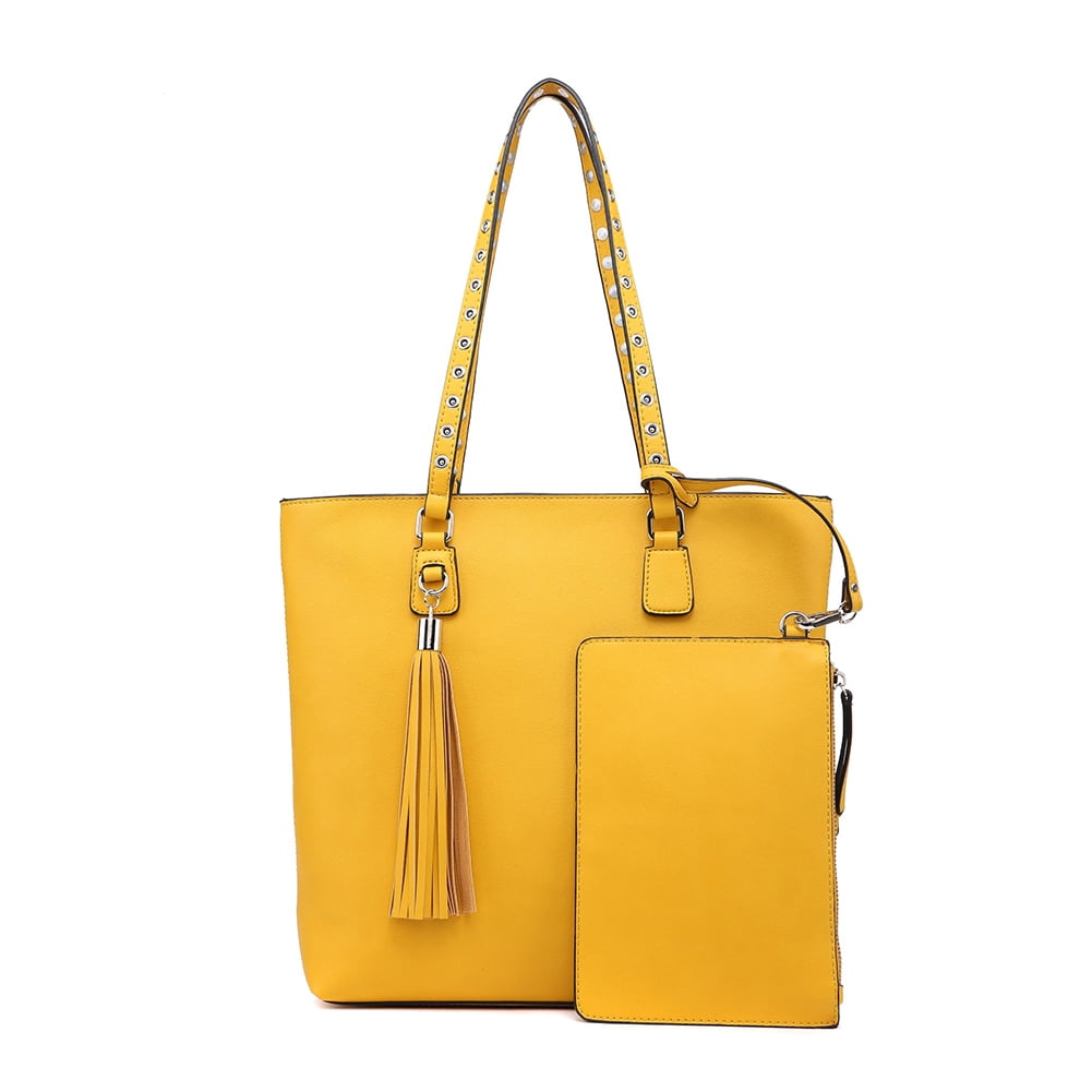 Kepooman Women 2pcs Big Capacity Tassel Tote Handbags Vintage Style Leather Cross Body Shoulder Bag Purse, Yellow Kepooman Women 2pcs Big Capacity Tassel Tote Handbags Vintage Style Leather Cross Body Shoulder Bag Purse, Yellow