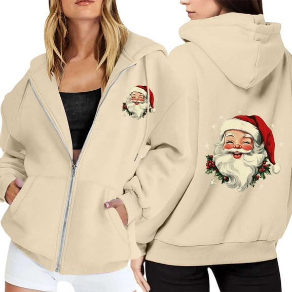 Christmas Hoodies for Women 2025 Long Sleeve Zip Up Santa Claus Graphic Hooded Sweatshirt with Pockets Jacket Coat