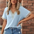 thumbnail image 2 of JGGSPWM Women's Guipure Lace Deep V Neck Crochet Deep V Neck Short Sleeve Shirt Colorblock Blouse Patchwork Top Summer Clothes Sky Blue M, 2 of 8