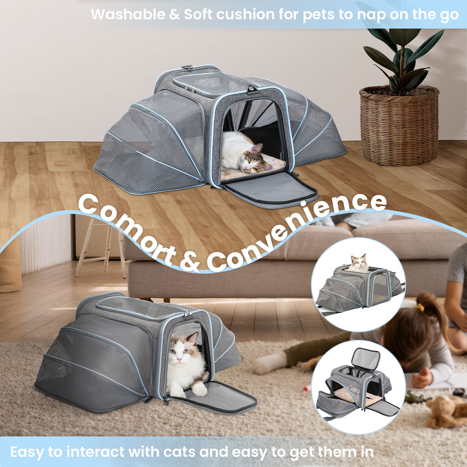Petsfit Expandable Small Cat Carriers Dog Carrier, Airline Approved Soft-Sided Portable Washable Pet Travel Carrier with Two Extension