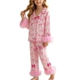 thumbnail image 2 of ITSAME Girls Loungewear Outfit 2-Piece Bow Print Button Down Lapel Shirt and Pants Fall Winter Casual Sleepwear Set Pink Size 2T, 2 of 9