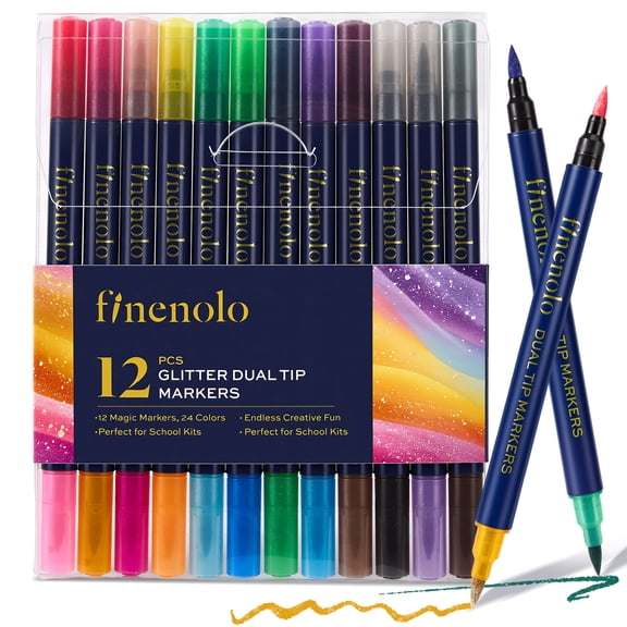 Finenolo 24 Colors Glitter Markers, 12 Pack Dual Tip Glitter Paint Markers, Soft Brush Glitter Paint Pens for Cards, DIY Crafts, Doodle, Writing, Adults Coloring Books, Art Supplies Scrapbooking