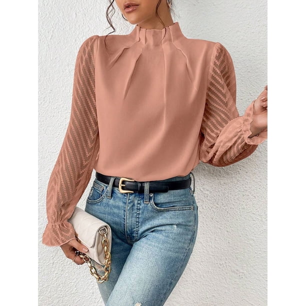 Elegant Blouse White Women's Shirt 2024 New Half High Neck Spliced Wave Pattern Chiffon Long sleeved Top Office Lady