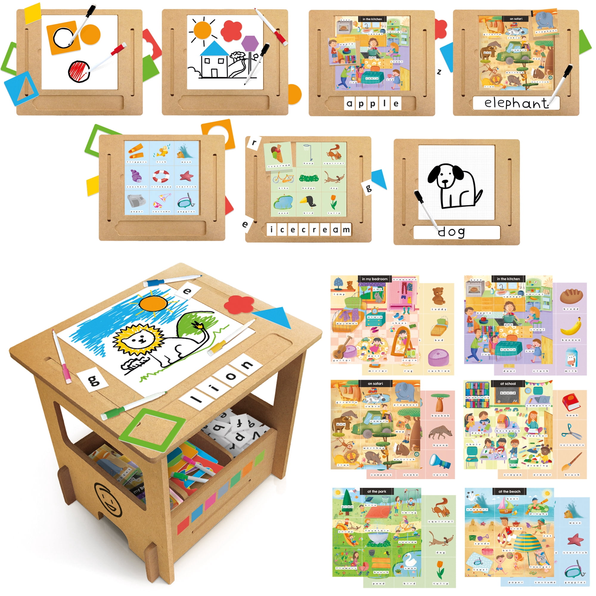 Headu: Wooden Desk Writing School - 7-Step Method Learning Games, Write & Draw Activity Station, Practice Letters & Words, Preschool Play, Kids 3-6