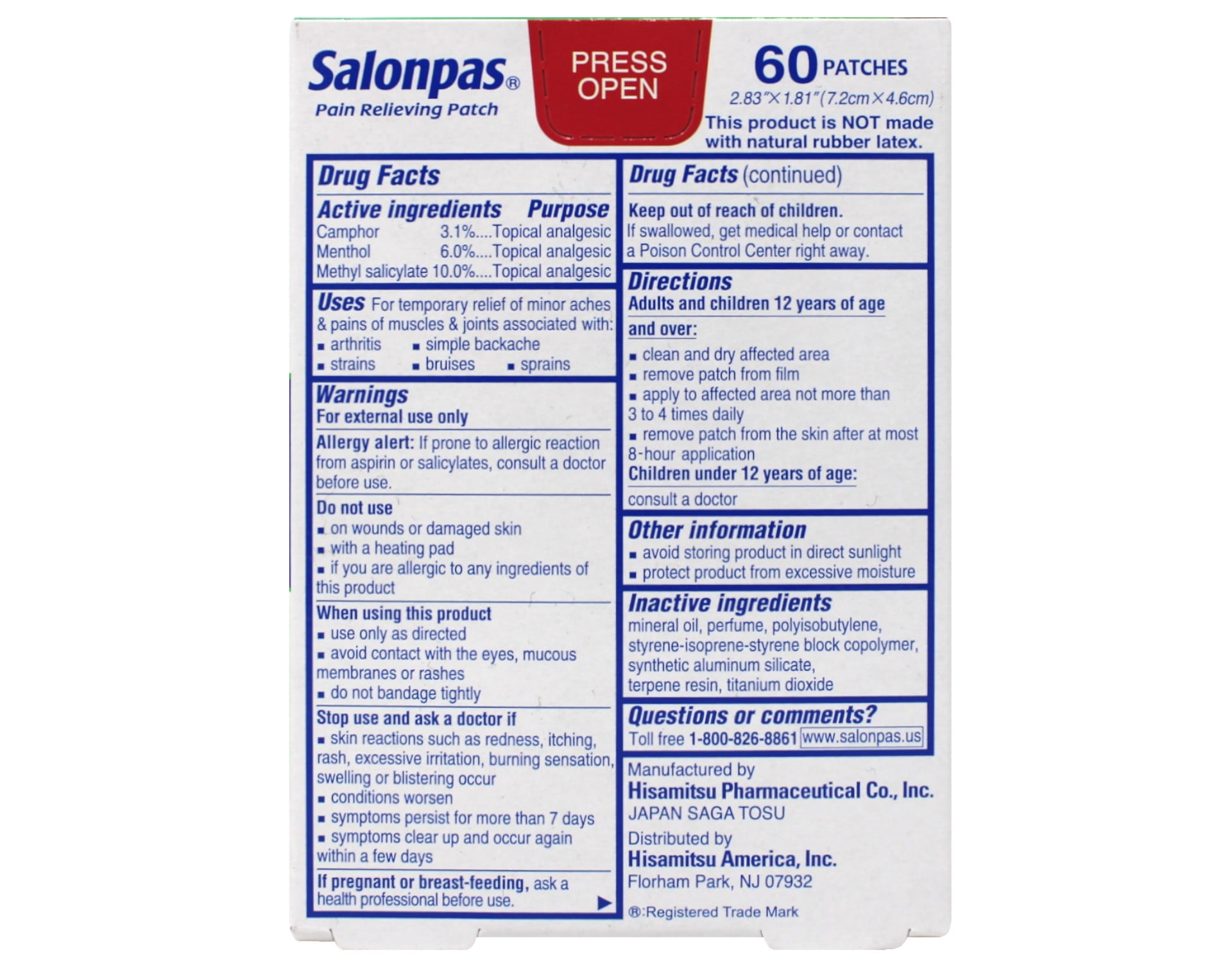 (2 pack) Salonpas Pain Relieving Patch for Back, Neck, Shoulder, Knee Pain and Muscle Soreness - 8 Hour Pain Relief - 60 Count - Pack of 1