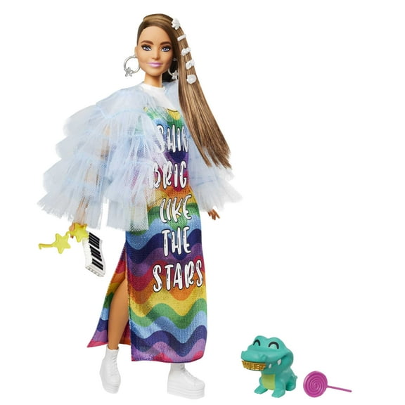 Barbie Extra Fashion Doll with Long Brunette Hair & Bling Clips in Dress with Accessories & Pet