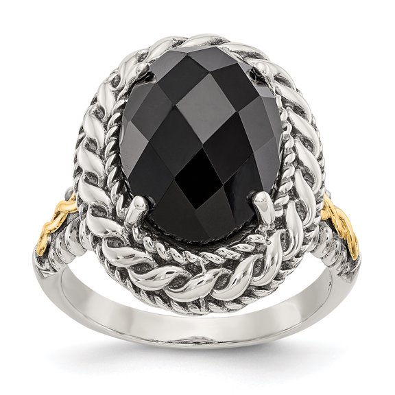 Sterling Silver Two Tone Silver And Gold Plated Sterling Silver w/Antiqued Onyx Ring Size 7