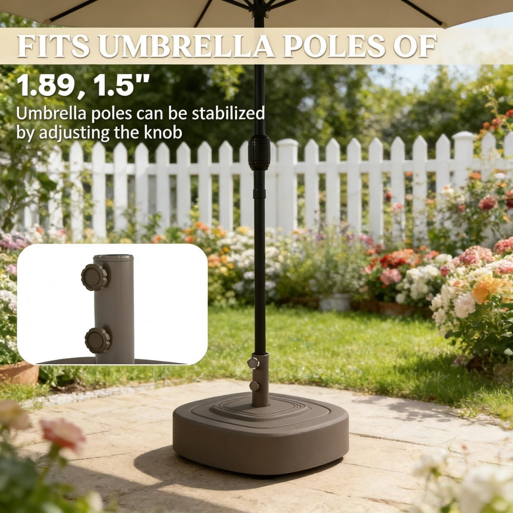 Outdoor Umbrella Base Brown HDPE & Metal Umbrella Stand with 4 Wheels (2 Brakes) Fits 1.5"/1.89" Dia. Poles & Up to 13.1' Umbrellas