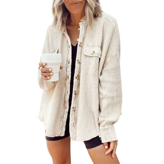 Chouyatou Women's Boyfriends Loose Fit Batwing Sleeve Waffle Knit Button Down Shirt Shacket Tops