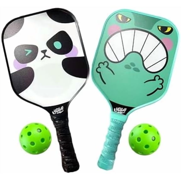 Kids Pickleball Paddle Set of 2 - Panda & Frog Pickleball Paddles with 2 Balls, Lightweight, Fiberglass, Better Control, Beginner Racket, Perfect Pickleball Gift for Children Ages 4-12,