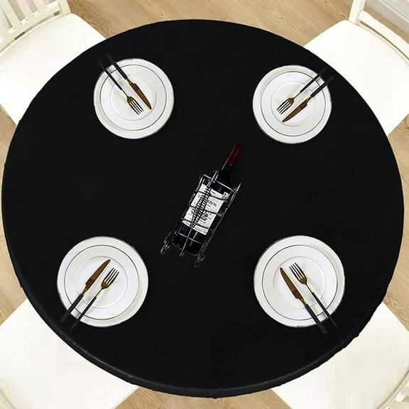 Round Waterproof Table Cover Elastic Tablecloth Vinyl Fitted Table Cover Elastic Edged Plastic Table Cover Fits Tables Up To 36"-44" R Black