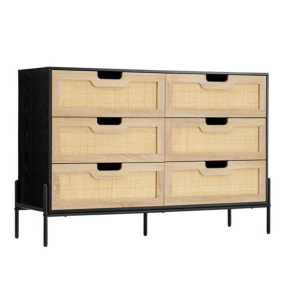 Commode Rustique de 47,2 Po à 6 Tiroirs avec Façades en Rotin, Pattes en Métal Robustes et Rangement en Bois pour Chambre