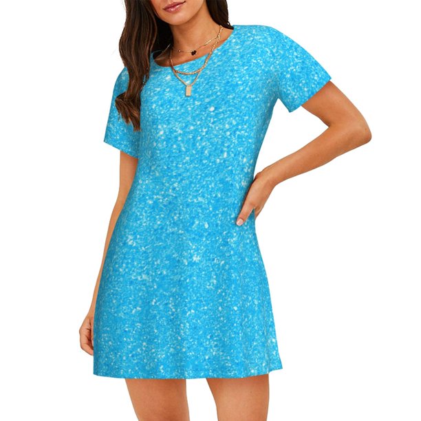 Fotbe Sky Blue Glitter Bata de Dormir para Mujer con Estampado, Camisón de Algodón de Manga Corta, Ropa de Dormir Casual