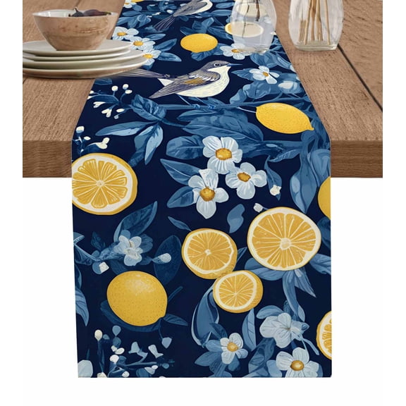Hokiten Table Runners 60 Inches Long Dress Scarves, Lemon Bird Farmhouse Kitchen/Dining Table Runner, Small Coffee Tablerunners, Blue Yellow Pastoral Flowers Plant Summer 13x60 Inch
