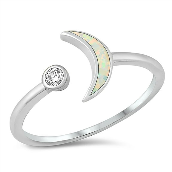 White Simulated Opal Cubic Zirconia Crescent Moon Adjustable Ring Sterling Silver Size 5