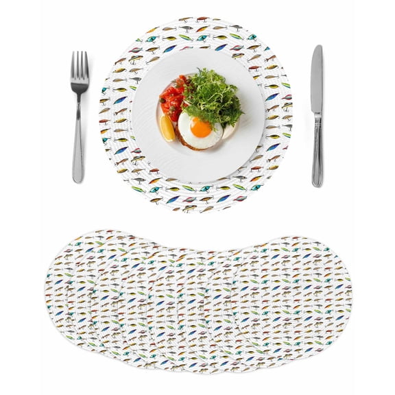 Round Woven Placemats set of 8, Cartoon Fishing Bait Hook Washable&Heat Resistant Plastic Wipeable Placemats for Round Table Colorful Fishes White Kitchen Dining Table Decor, 15in,