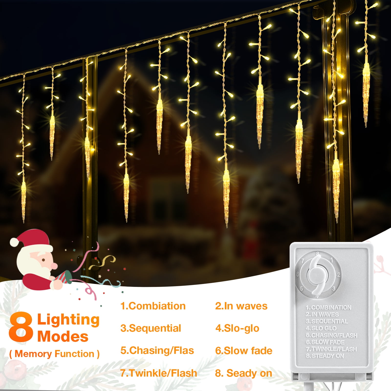 DONGPAI Christmas Icicle Lights, 11.5Ft 96 LED 8 Modes Icicle String Lights with 16 Drops Window Curtain Fairy Lights Outdoor Indoor for Christmas Wedding Holiday Decor