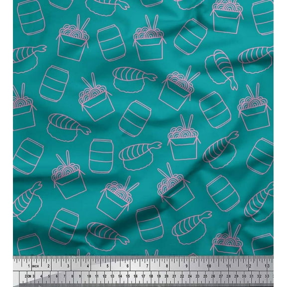 Soimoi Green Cotton Voile Fabric Fish & Noodles Food Print Sewing Fabric Yard 42 Inch Wide