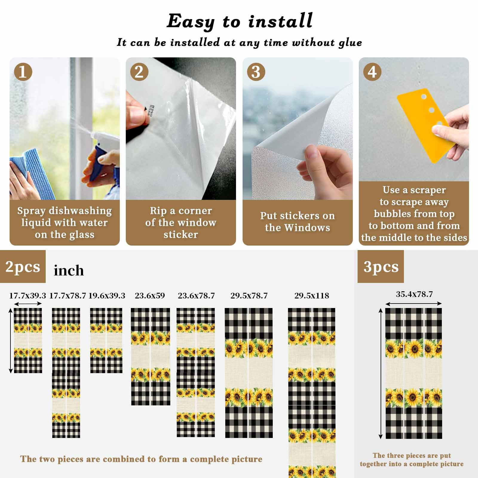 Sunflowers Window Privacy Film, Retro Country Floral Linen Texture Black Plaid Frosted Glass Window Clings Static Cling UV Heat Blocking Reusable Door Sticker for Bathroom 23.6 x 59 Inch