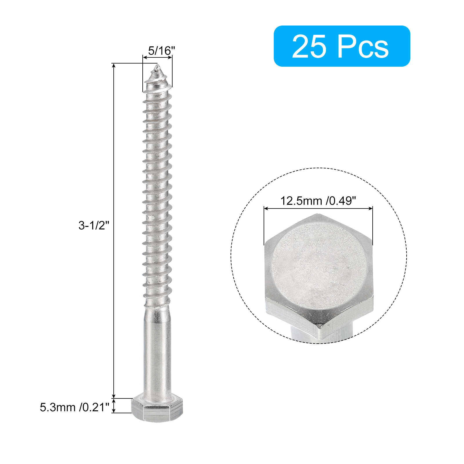 Uxcell Hex Head Lag Screws Bolts, 5/16" x 3-1/2" 304 Stainless Steel Partial Thread Wood Screws, 25 Pack